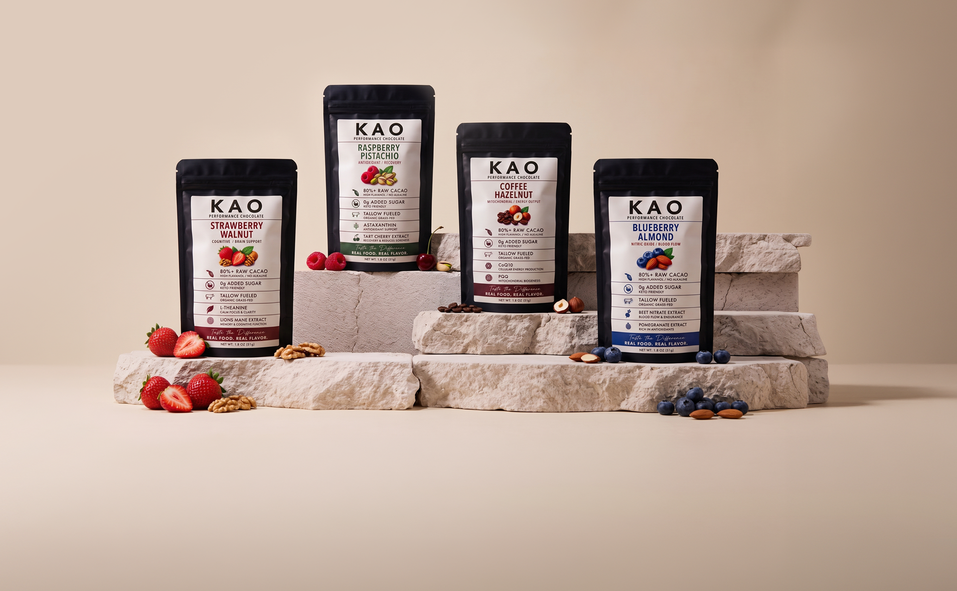 KAO bars displayed with fruit and nuts